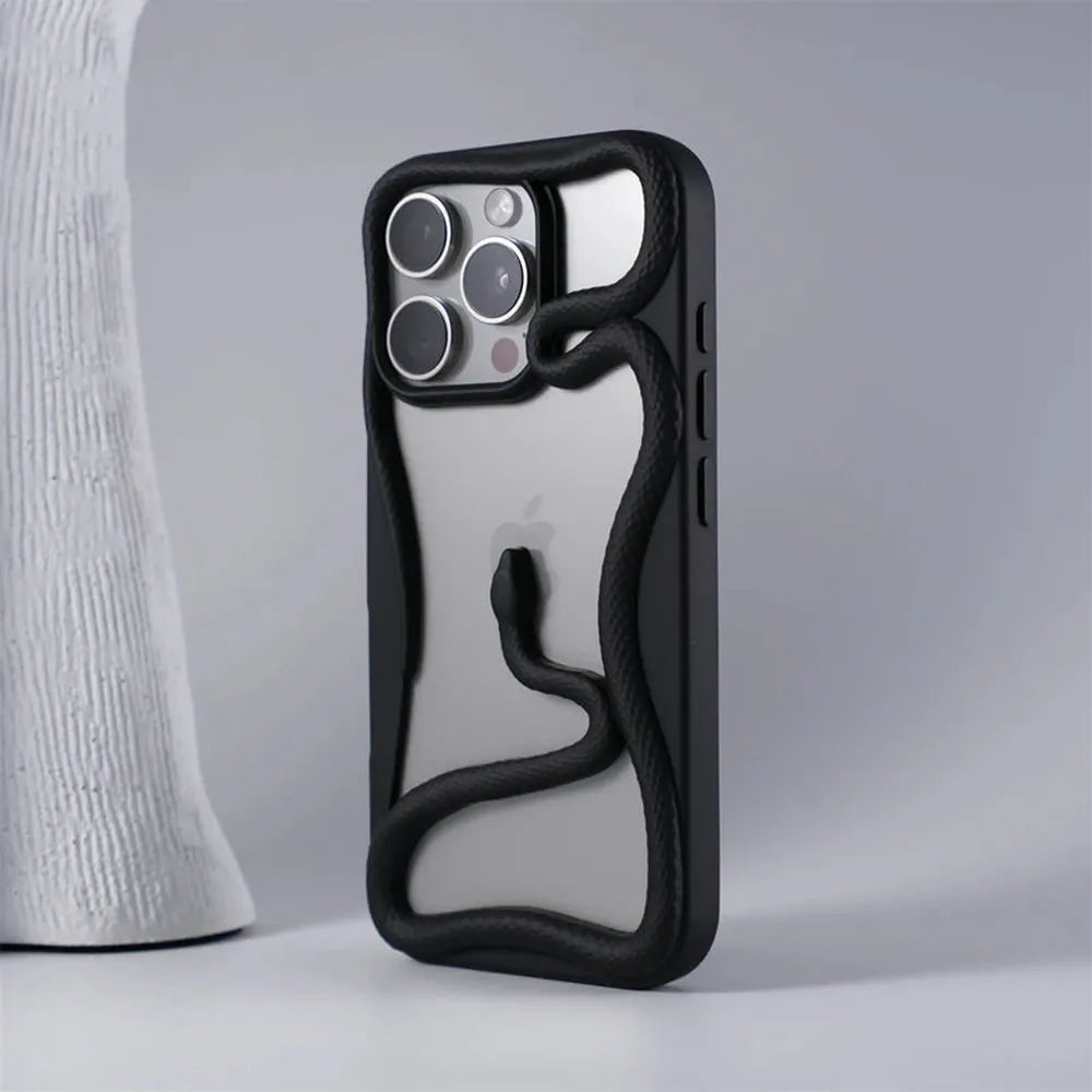 Serpent-Embossed Protective iPhone Case with Raised Edges for 12-17 Models – Shock-Absorbing Hard Shell with Metallic or Matte Finish