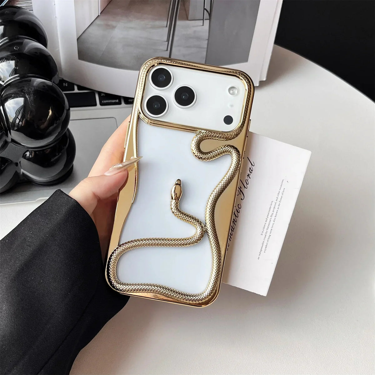 Serpent-Embossed Protective iPhone Case with Raised Edges for 12-17 Models – Shock-Absorbing Hard Shell with Metallic or Matte Finish