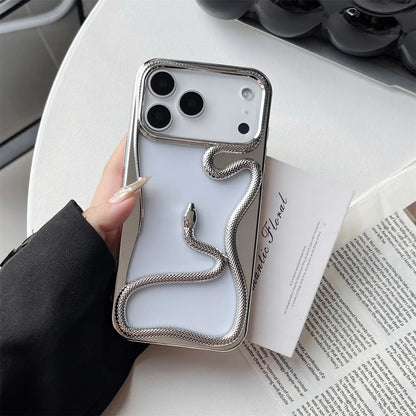 Serpent-Embossed Protective iPhone Case with Raised Edges for 12-17 Models – Shock-Absorbing Hard Shell with Metallic or Matte Finish