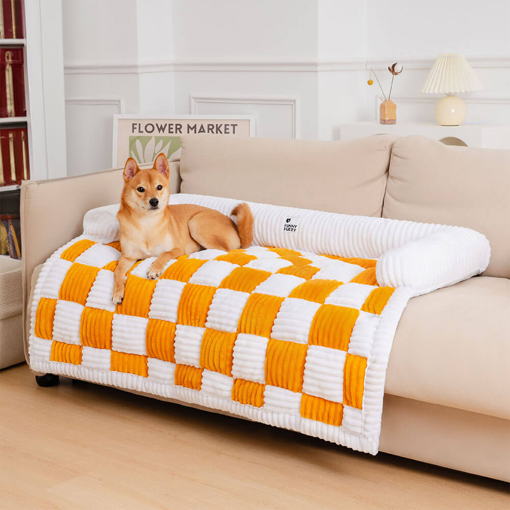 Quilted Pet Furniture Protector Mat – Padded Nonslip Dog Couch Cover for Sofa & Floor | Washable Plaid Pet Blanket