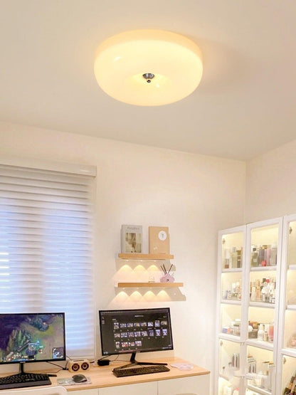 Glass Dome Flush Mount Light Fixture 16 in Cream Round LED Ceiling Lamp for Bedroom Living Room Dining Room Low Profile Dimmable Modern Home