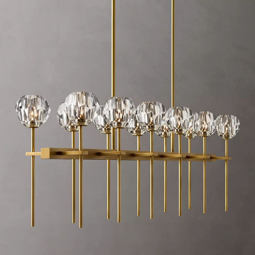 Linear Crystal Chandelier Brass & Glass LED Dining Room Statement Lighting Fixture Contemporary for Kitchen Island