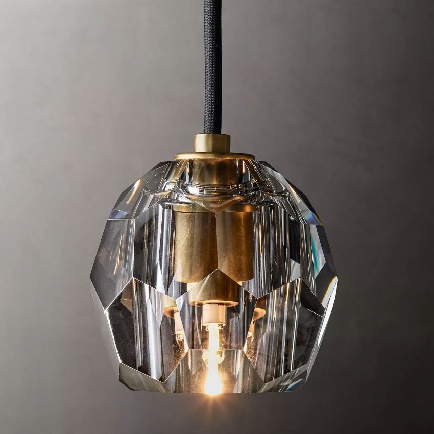 Crystal Globe Pendant Light Fixture with Brass Frame for Dining Room Kitchen Island Modern Single Bulb Hanging Ceiling Lamp Adjustable