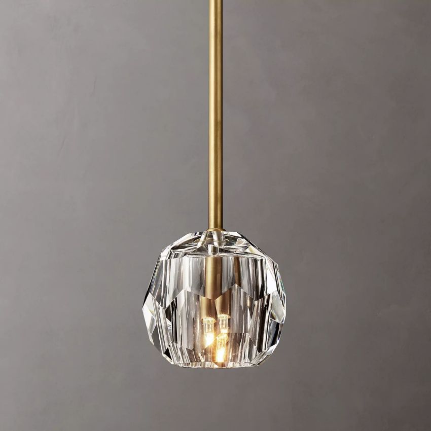 Crystal Globe Pendant Light Fixture with Brass Frame for Dining Room Kitchen Island Modern Single Bulb Hanging Ceiling Lamp Adjustable