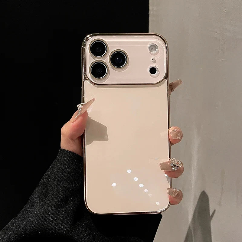 Tempered Glass iPhone Case with Camera Lens Shield & Plated Edges – Shockproof Protection for iPhone 11-17 Pro Max