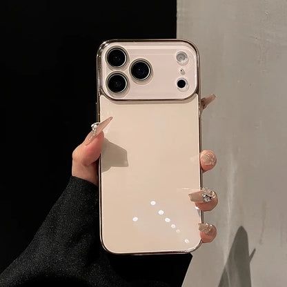 Tempered Glass iPhone Case with Camera Lens Shield & Plated Edges – Shockproof Protection for iPhone 11-17 Pro Max