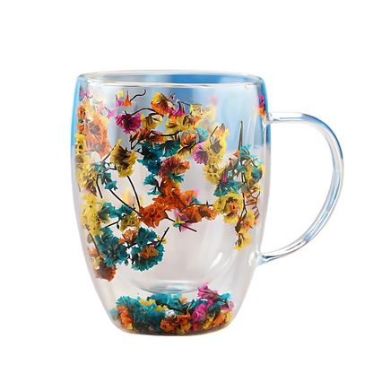 Double Wall Glass Coffee Mug with Real Dried Flowers – Insulated Cappuccino Cup for Hot & Cold Drinks, 10.5 oz Borosilicate Glass Tea Mug