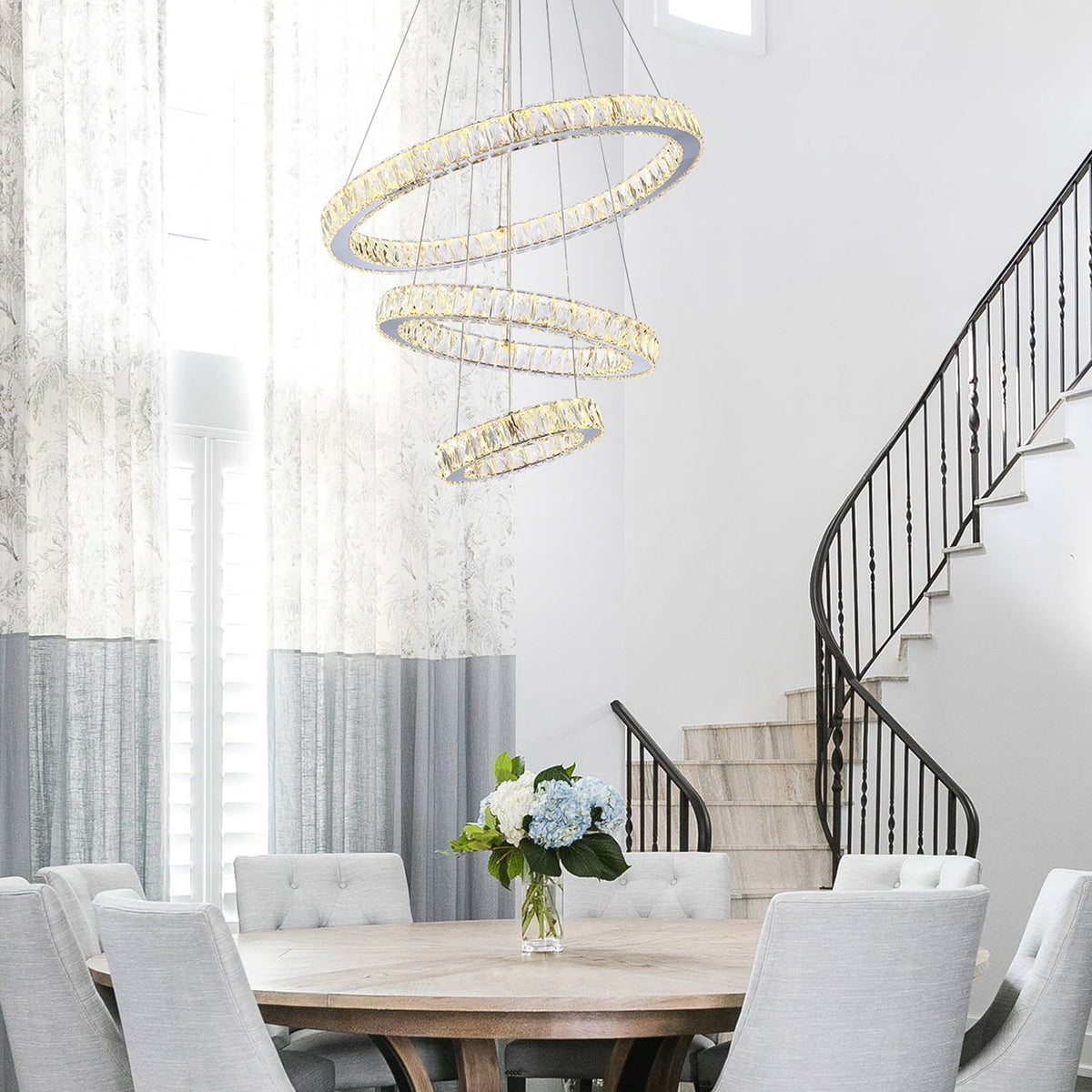 Adjustable Circle Hanging Light Fixture with K9 Crystal Accents for Dining Room & Living Room