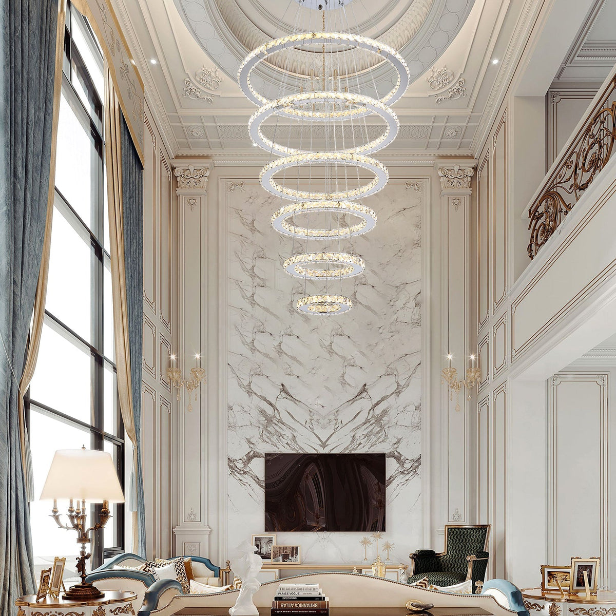 Adjustable Circle Hanging Light Fixture with K9 Crystal Accents for Dining Room & Living Room