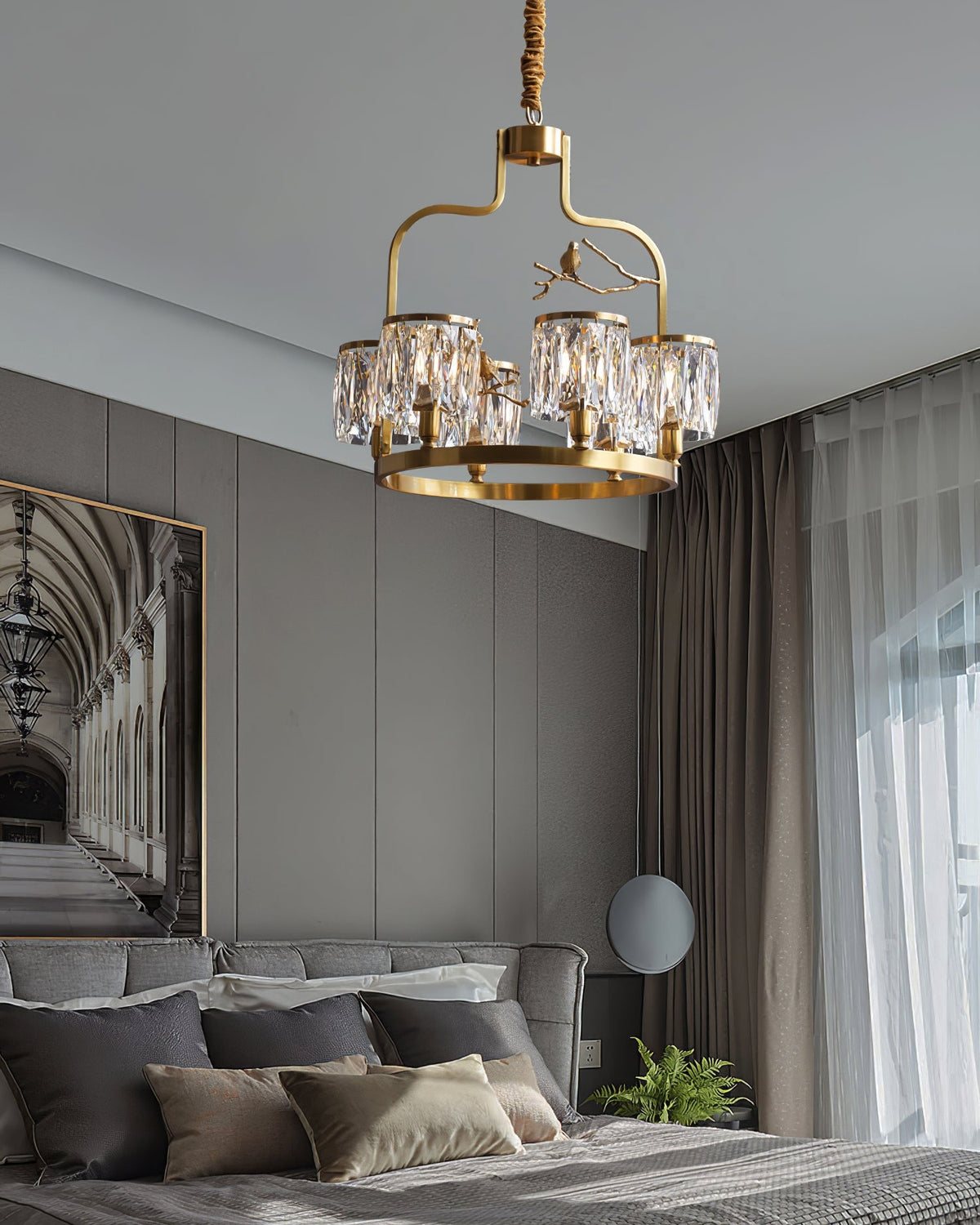 Crystal Hanging Light Fixture with Brass Frame 22 Inch for Dining Room Living Room Foyer Indoor Ceiling Lighting Classic Elegant Design