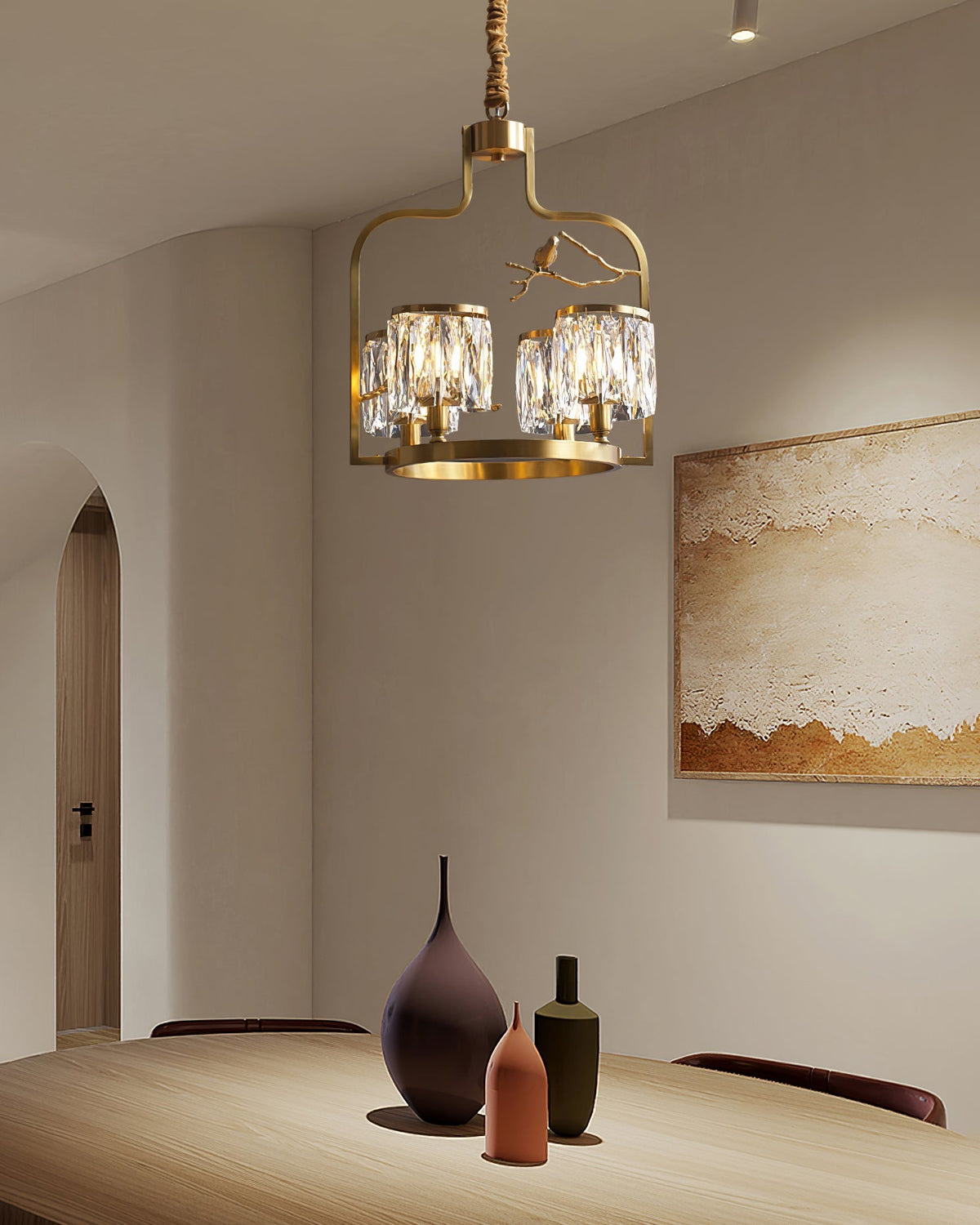 Crystal Hanging Light Fixture with Brass Frame 22 Inch for Dining Room Living Room Foyer Indoor Ceiling Lighting Classic Elegant Design