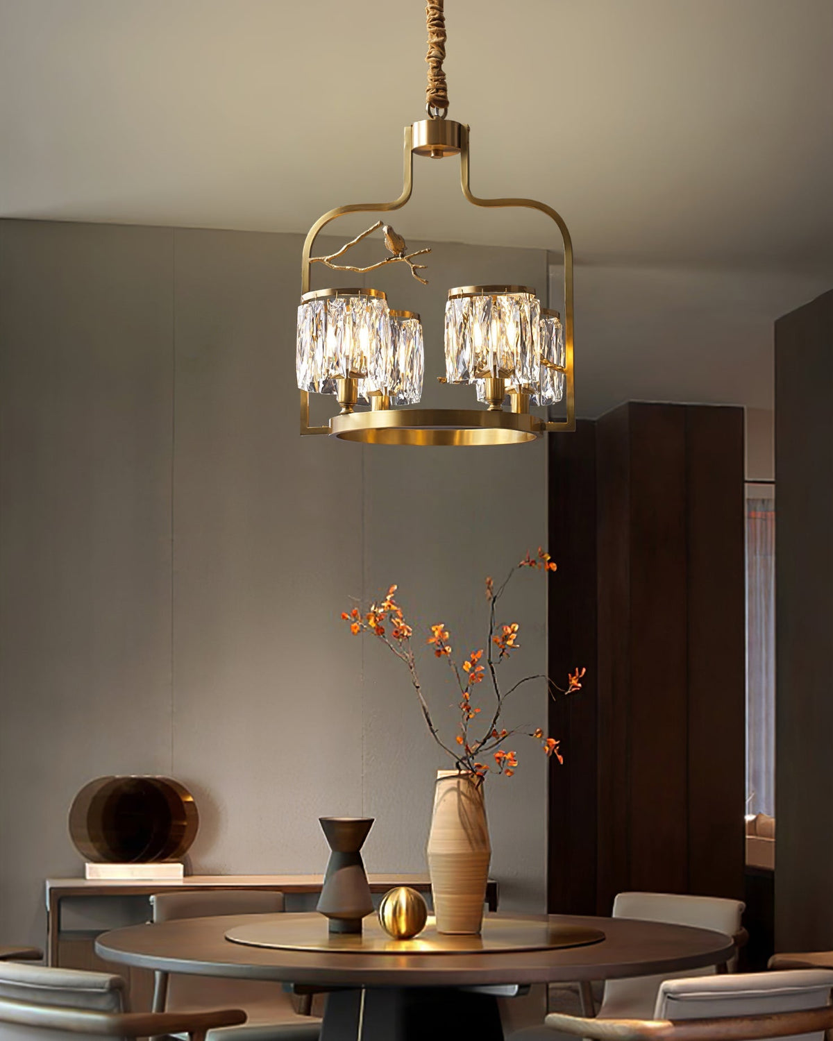 Crystal Hanging Light Fixture with Brass Frame 22 Inch for Dining Room Living Room Foyer Indoor Ceiling Lighting Classic Elegant Design