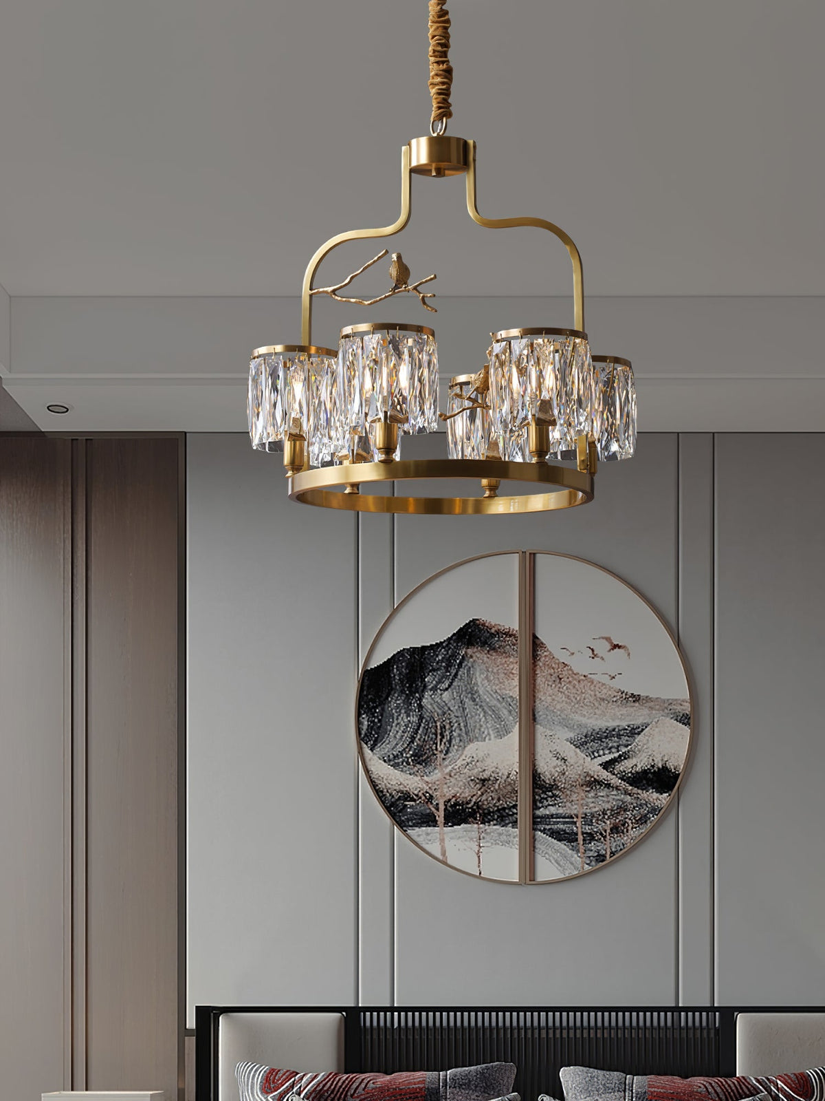 Crystal Hanging Light Fixture with Brass Frame 22 Inch for Dining Room Living Room Foyer Indoor Ceiling Lighting Classic Elegant Design