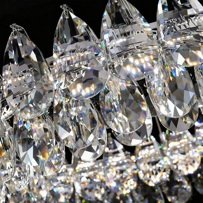 Double Ring Crystal Ceiling Light with Adjustable Height for Dining Room Living Room | Three Color Temperatures Chrome Finish | Teardrop Pen