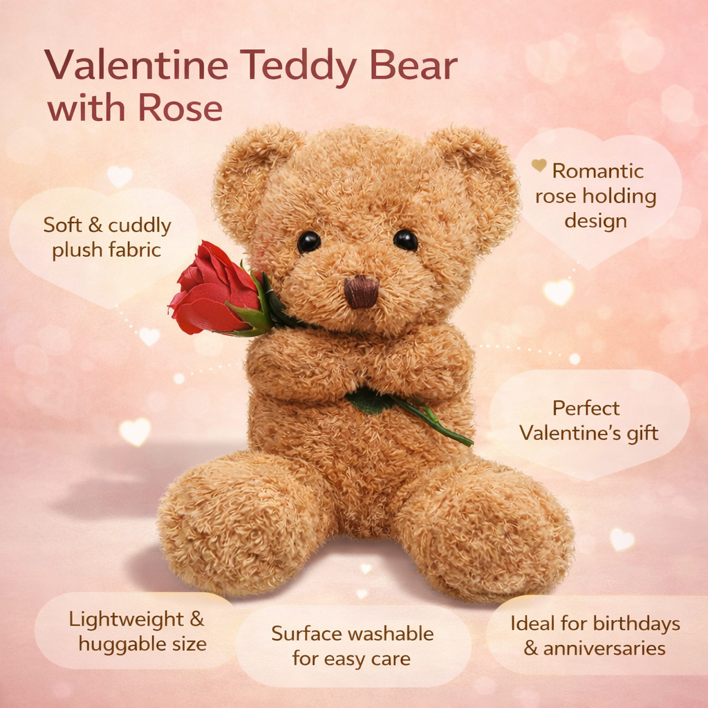 Cuddly Plush Bear | Soft Stuffed Animal with Romantic Rose Design | Perfect Gift for Love and Affection
