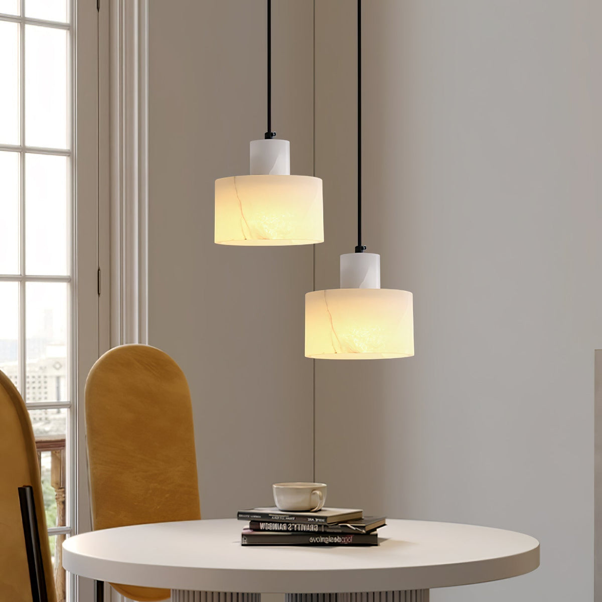 Stone Cylinder Hanging Lamp White Adjustable Drop Ceiling Fixture for Kitchen Island Dining Room Bedroom Hallway Natural Alabaster E27 Socke