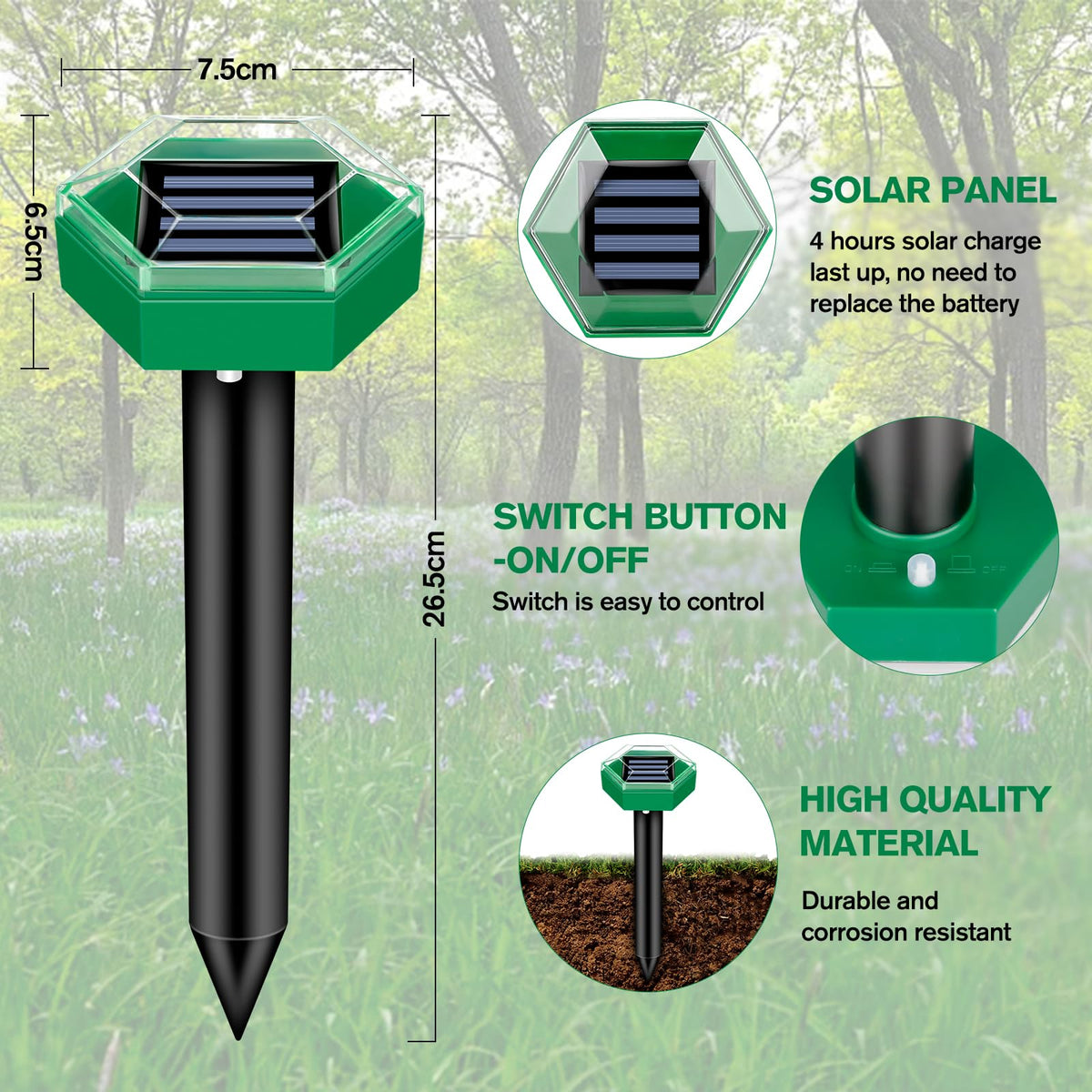 Solar Ultrasonic Spikes for Mole Repelling | 4-Pack Gopher & Vole Control