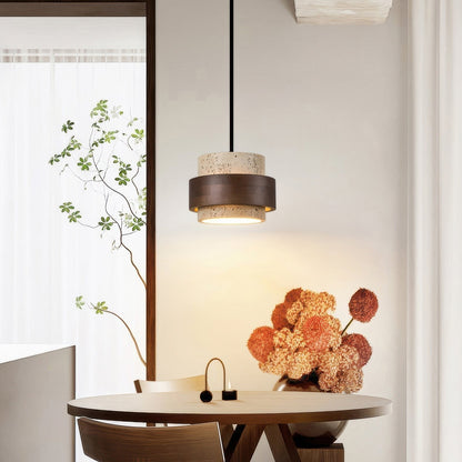 Stone & Wood Drop Ceiling Fixture 6.7 Inch Natural Travertine Hanging Light for Dining Table Kitchen Island Bedside Minimalist Adjustable Co
