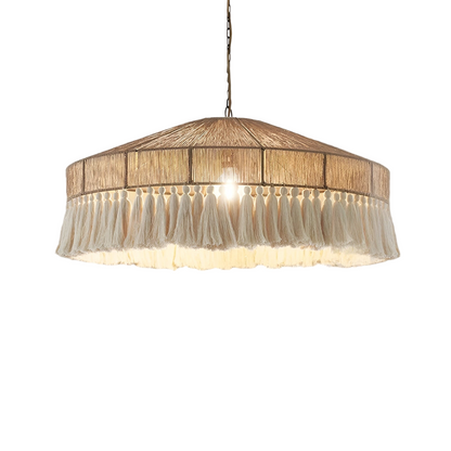 Woven Natural Fiber Ceiling Light Fixture with Tassel Detail for Dining Room, Bedroom & Living Room | Handcrafted Bohemian Style