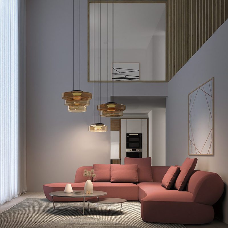 Tiered Glass Hanging Fixture 18 in Amber with Integrated LED for Island Kitchens Dining Areas Living Spaces Modern Minimalist Bauhaus-Inspir