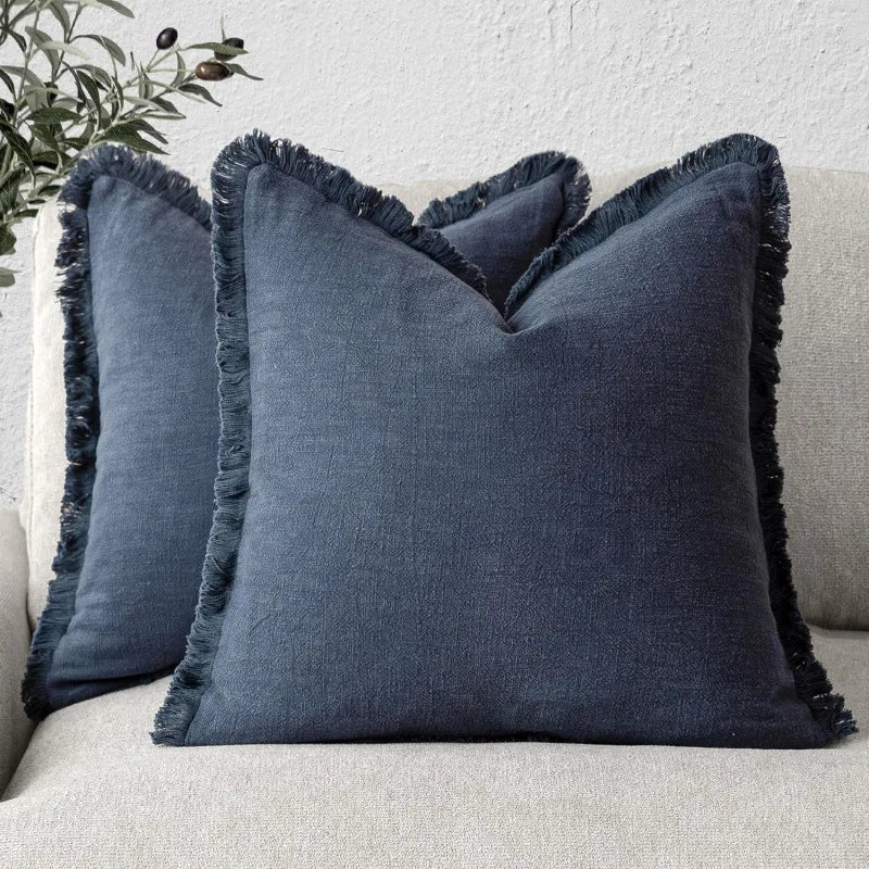 Cotton-Linen Throw Pillow Cases with Fringe Trim – Zippered Cushion Covers for Couch, Bed & Chair – 2-Pack, Machine Washable