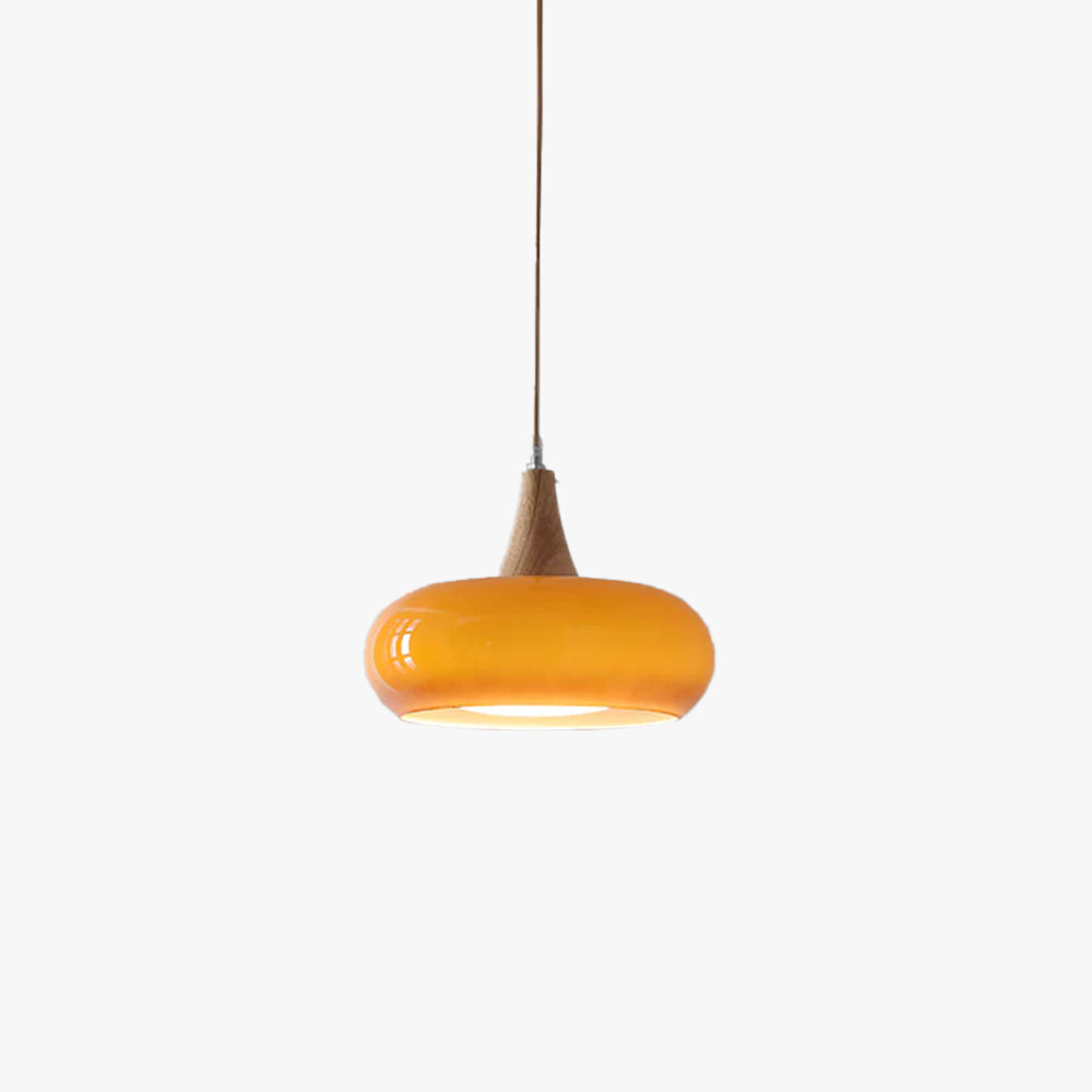Glass Pendant Light with Wood Canopy & Metal Accents for Kitchen Dining Room Bedroom | Warm Ambient Hanging Ceiling Fixture E26 E27