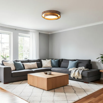 Round Flush Mount LED Ceiling Light Fixture Wood Grain Metal 16 in Diameter for Bedroom Living Room Kitchen Office Low Profile Modern Overhe
