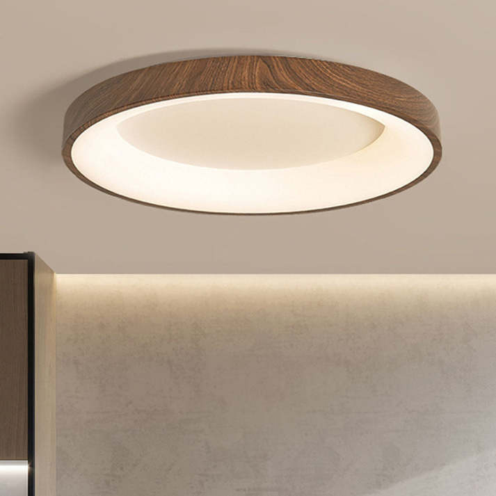 Round Flush Mount LED Fixture 14 in Wood Grain Acrylic Iron Low Profile for Bedroom Hallway Kitchen Entry Modern Scandinavian