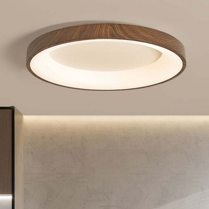 Round Flush Mount LED Fixture 14 in Wood Grain Acrylic Iron Low Profile for Bedroom Hallway Kitchen Entry Modern Scandinavian