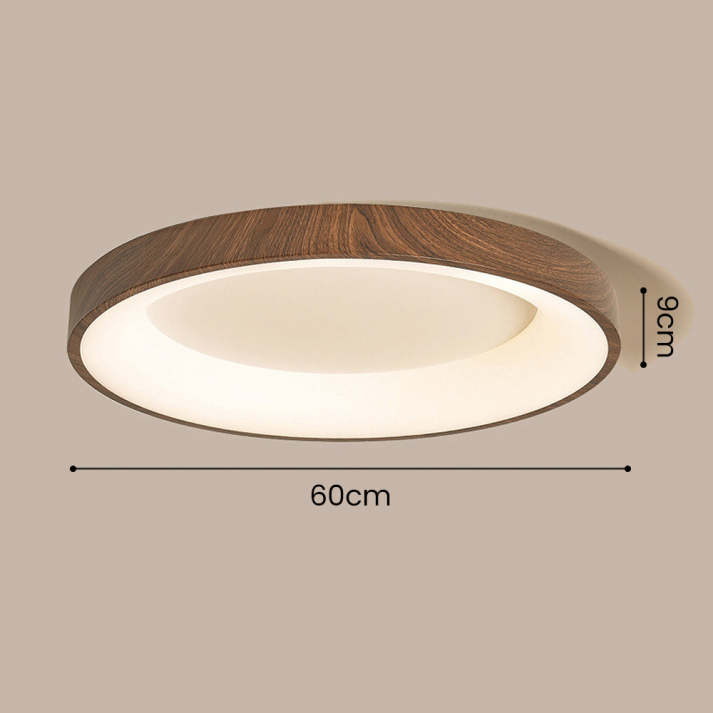 Round Flush Mount LED Fixture 14 in Wood Grain Acrylic Iron Low Profile for Bedroom Hallway Kitchen Entry Modern Scandinavian