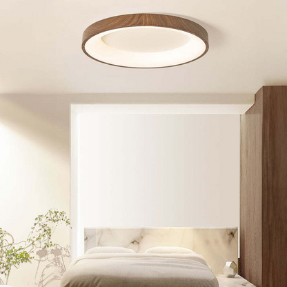 Round Flush Mount LED Fixture 14 in Wood Grain Acrylic Iron Low Profile for Bedroom Hallway Kitchen Entry Modern Scandinavian