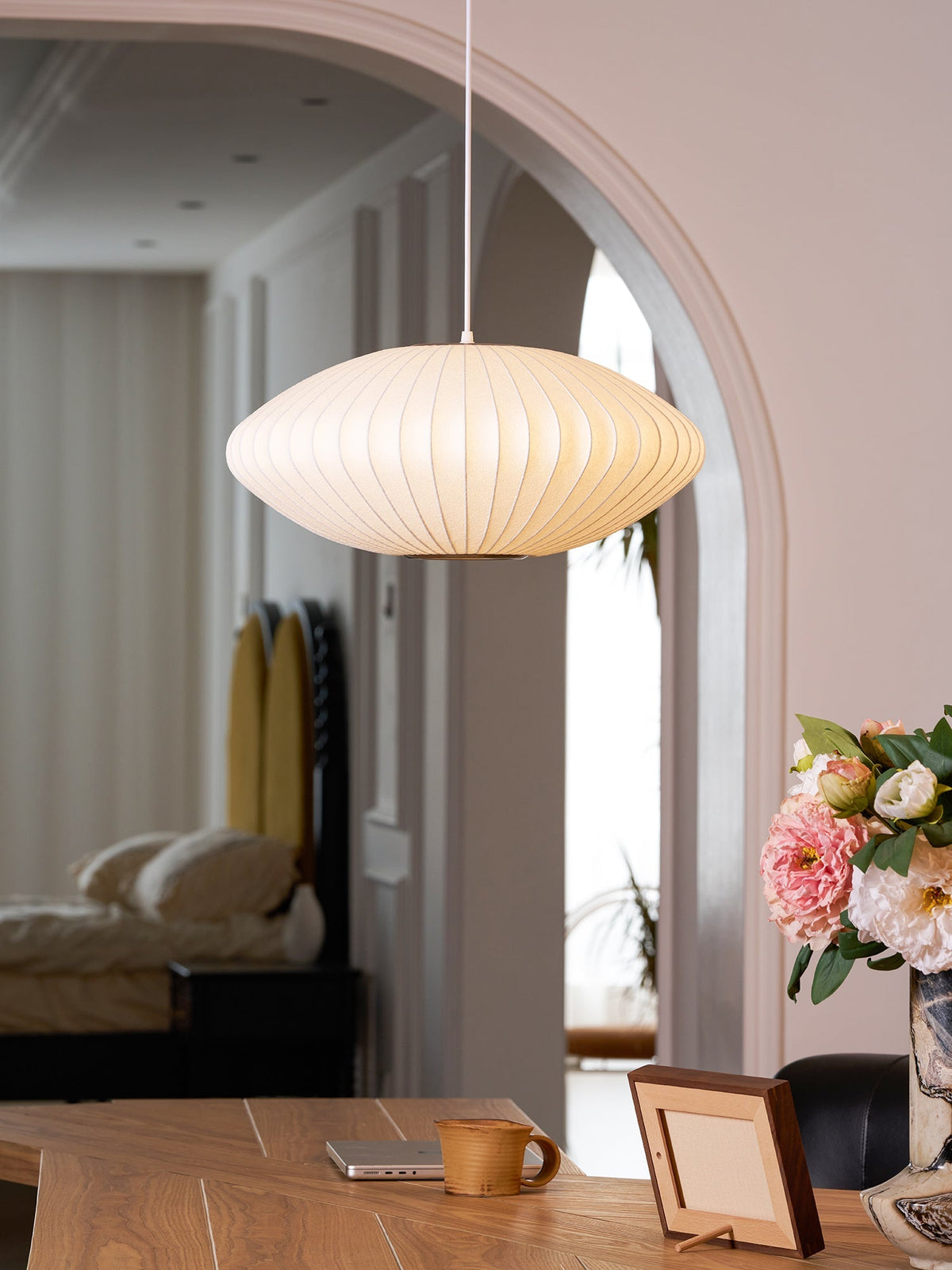 Steel Wire Silk Shade Ceiling Light 20 in White for Kitchen Island Dining Room Modern Pendant Lamp Hanging Fixture Adjustable Cord E26 Base