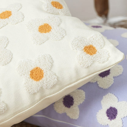 Floral Embroidered Throw Pillow Cover Cotton Daisy Stitch Sofa Cushion Case 18x18 or 12x20 Inch Hidden Zipper Lavender Ivory Bedroom Living