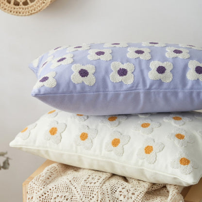 Floral Embroidered Throw Pillow Cover Cotton Daisy Stitch Sofa Cushion Case 18x18 or 12x20 Inch Hidden Zipper Lavender Ivory Bedroom Living