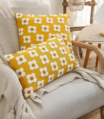 Floral Embroidered Throw Pillow Cover Cotton Daisy Stitch Sofa Cushion Case 18x18 or 12x20 Inch Hidden Zipper Lavender Ivory Bedroom Living