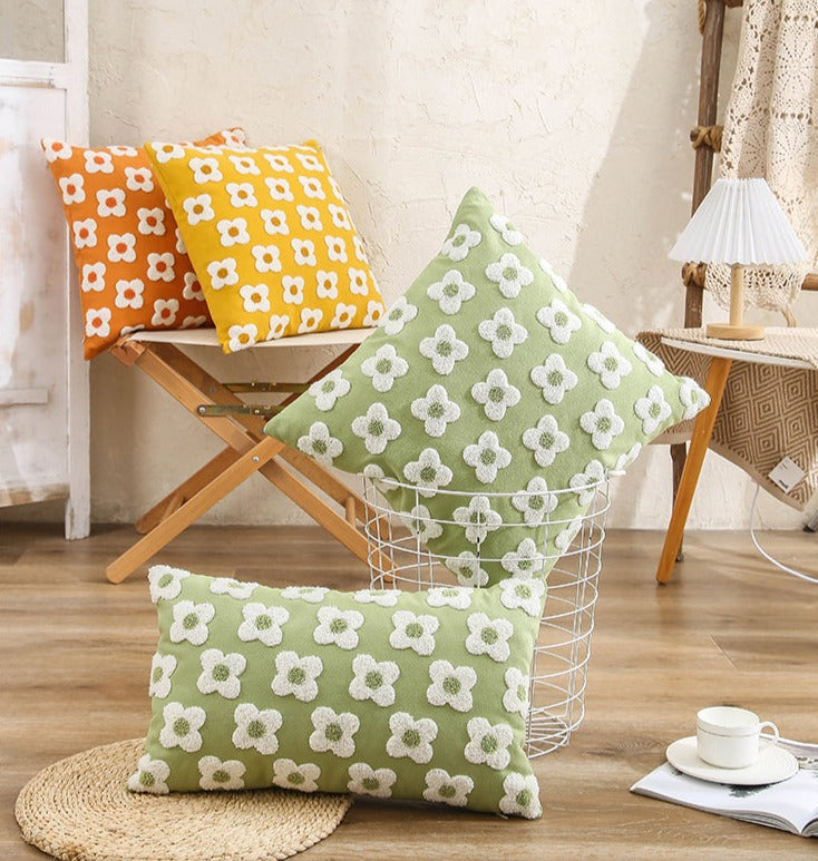 Floral Embroidered Throw Pillow Cover Cotton Daisy Stitch Sofa Cushion Case 18x18 or 12x20 Inch Hidden Zipper Lavender Ivory Bedroom Living