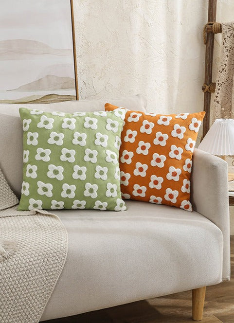 Floral Embroidered Throw Pillow Cover Cotton Daisy Stitch Sofa Cushion Case 18x18 or 12x20 Inch Hidden Zipper Lavender Ivory Bedroom Living
