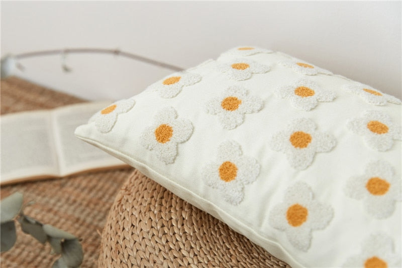 Floral Embroidered Throw Pillow Cover Cotton Daisy Stitch Sofa Cushion Case 18x18 or 12x20 Inch Hidden Zipper Lavender Ivory Bedroom Living