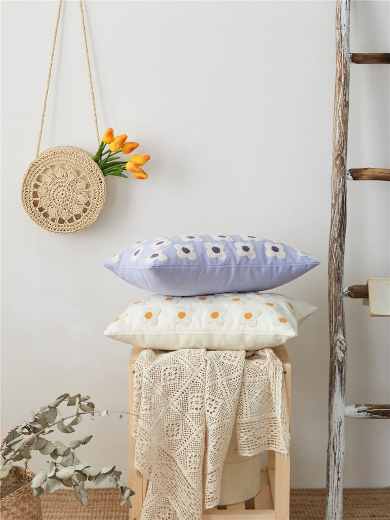 Floral Embroidered Throw Pillow Cover Cotton Daisy Stitch Sofa Cushion Case 18x18 or 12x20 Inch Hidden Zipper Lavender Ivory Bedroom Living