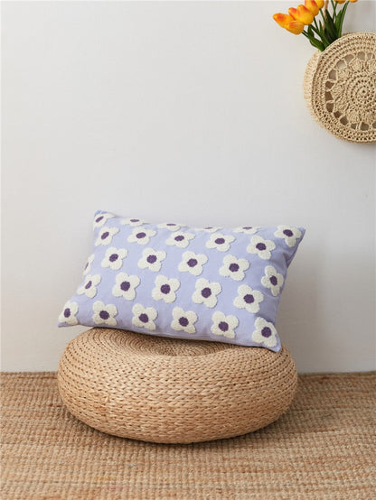 Floral Embroidered Throw Pillow Cover Cotton Daisy Stitch Sofa Cushion Case 18x18 or 12x20 Inch Hidden Zipper Lavender Ivory Bedroom Living