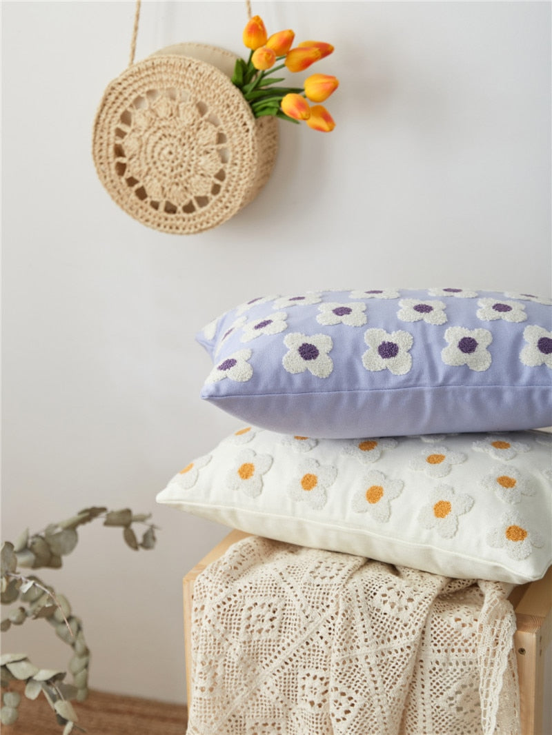 Floral Embroidered Throw Pillow Cover Cotton Daisy Stitch Sofa Cushion Case 18x18 or 12x20 Inch Hidden Zipper Lavender Ivory Bedroom Living