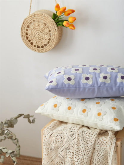 Floral Embroidered Throw Pillow Cover Cotton Daisy Stitch Sofa Cushion Case 18x18 or 12x20 Inch Hidden Zipper Lavender Ivory Bedroom Living