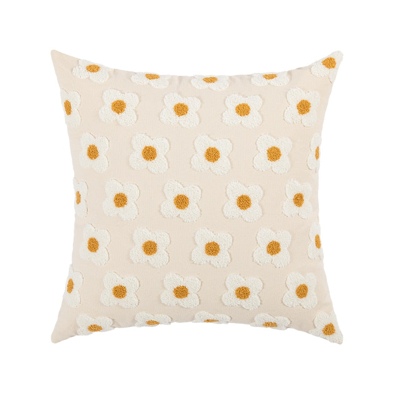 Floral Embroidered Throw Pillow Cover Cotton Daisy Stitch Sofa Cushion Case 18x18 or 12x20 Inch Hidden Zipper Lavender Ivory Bedroom Living