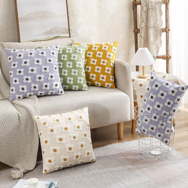 Floral Embroidered Throw Pillow Cover Cotton Daisy Stitch Sofa Cushion Case 18x18 or 12x20 Inch Hidden Zipper Lavender Ivory Bedroom Living