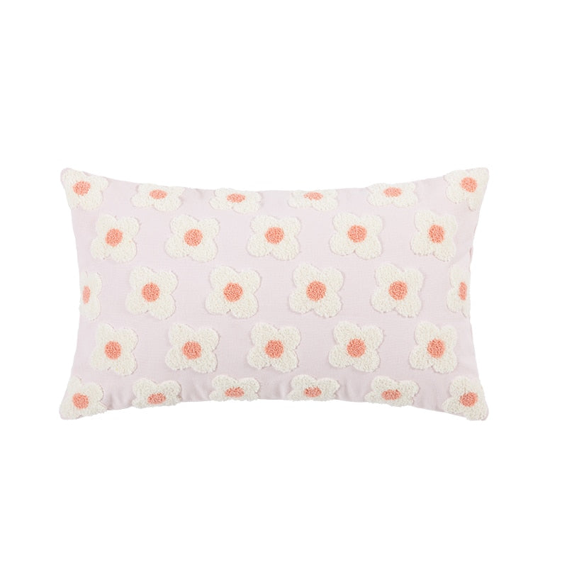 Floral Embroidered Throw Pillow Cover Cotton Daisy Stitch Sofa Cushion Case 18x18 or 12x20 Inch Hidden Zipper Lavender Ivory Bedroom Living