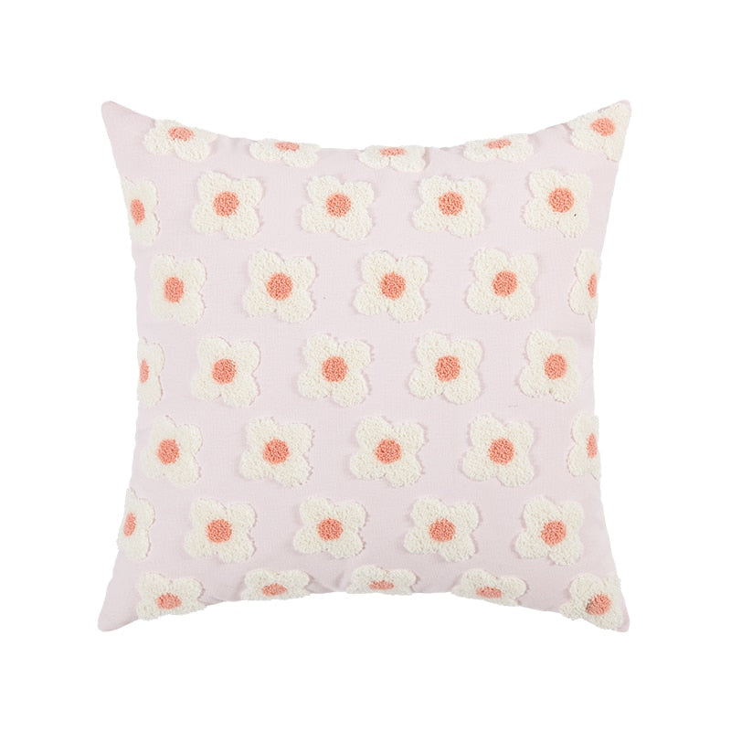 Floral Embroidered Throw Pillow Cover Cotton Daisy Stitch Sofa Cushion Case 18x18 or 12x20 Inch Hidden Zipper Lavender Ivory Bedroom Living