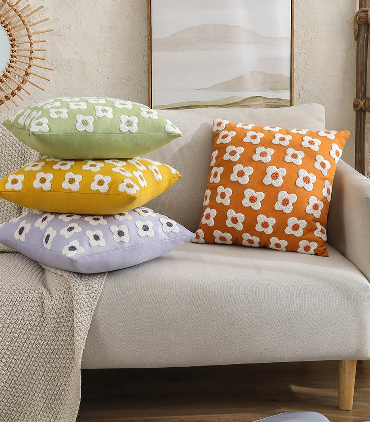 Floral Embroidered Throw Pillow Cover Cotton Daisy Stitch Sofa Cushion Case 18x18 or 12x20 Inch Hidden Zipper Lavender Ivory Bedroom Living