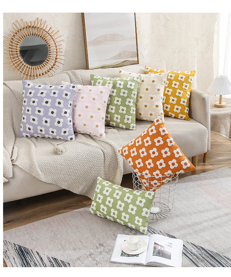Floral Embroidered Throw Pillow Cover Cotton Daisy Stitch Sofa Cushion Case 18x18 or 12x20 Inch Hidden Zipper Lavender Ivory Bedroom Living
