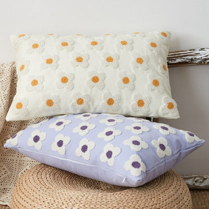 Floral Embroidered Throw Pillow Cover Cotton Daisy Stitch Sofa Cushion Case 18x18 or 12x20 Inch Hidden Zipper Lavender Ivory Bedroom Living