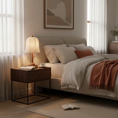 Nightstand Lamp with Fabric Shade 9-Inch Dimmable Task Light Copper Walnut Finish Bedroom Reading Side Table Lighting Home Decor